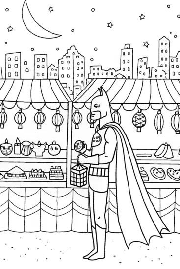 A coloring page of Batman at the Night Market Adventure