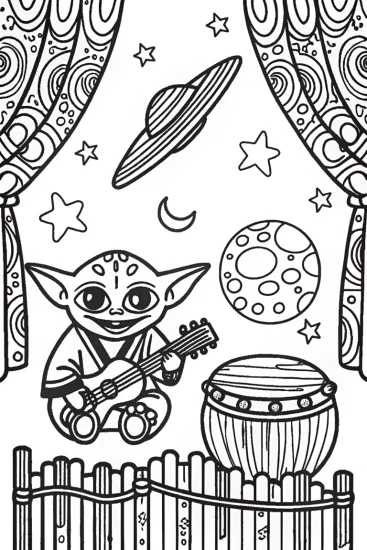 A coloring page of Baby Yoda’s Cosmic Concert Coloring Adventure