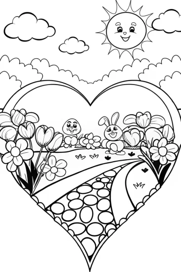 A coloring page of Hearts in Harmony with Bunny and Eggfriend