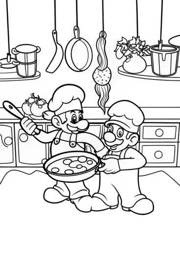 A coloring page of Mario and Luigi’s Fun Cooking Day!