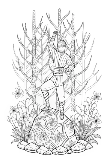 A coloring page of Ninja in Nature’s Embrace: Adventure Awaits