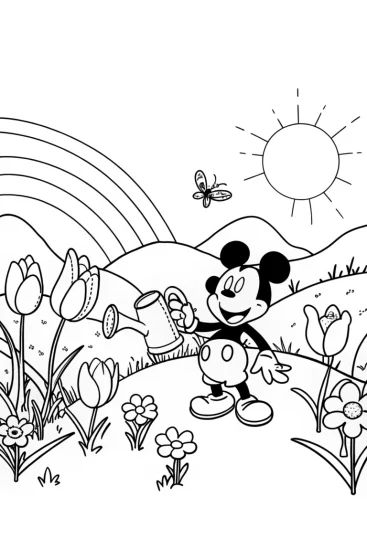 A coloring page of Mickey’s colorful garden exploration