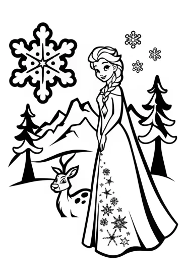 A coloring page of Elsa in Her Magical Winter Wonderland