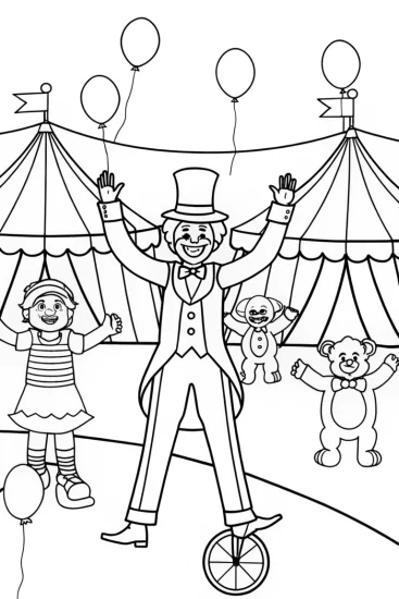A coloring page of Playtime Circus Adventure with Huggy Wuggy and Friends