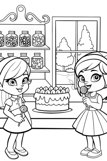 A coloring page of Shopkins Sweet Shop Adventure with Characters and Cake