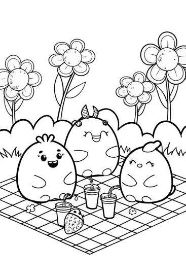 A coloring page of Squishmallow Garden Party with Friends