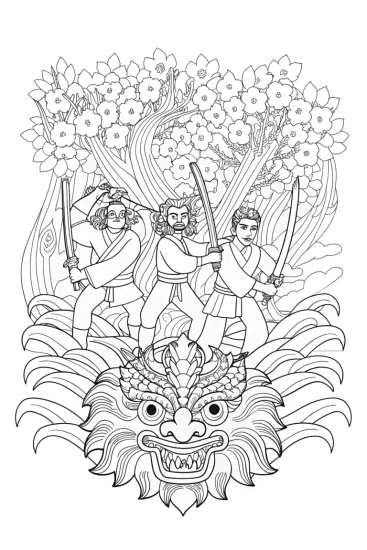 A coloring page of The Dance of the Demon Slayers: Heroes Unite!