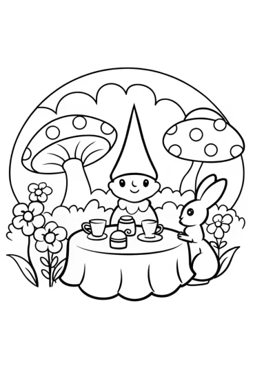 A coloring page of Gnome’s Enchanted Garden Tea Party with Bunny Friends