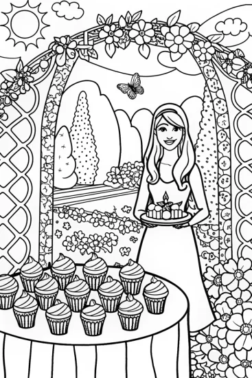 A coloring page of Barbie’s Dream Garden Party Coloring Adventure