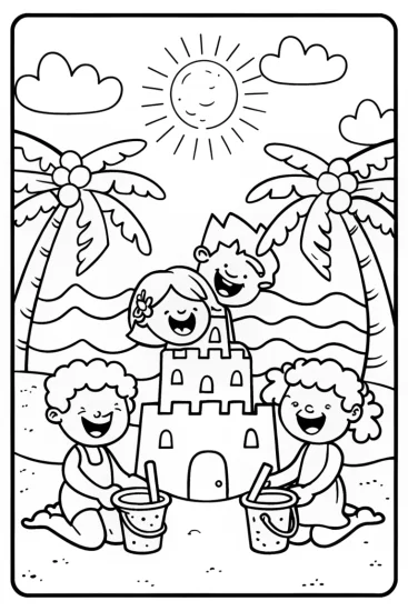 A coloring page of Tropical Beach Picnic Party with Friends and Sandcastles