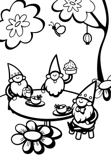 A coloring page of Gnome tea party in a magical garden