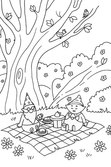 A coloring page of Gnomes’ Delight: A Picnic in the Enchanted Woods