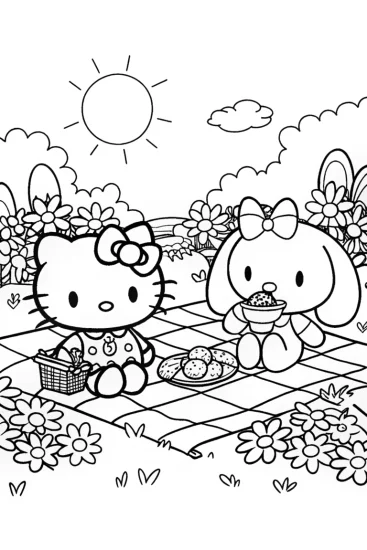A coloring page of Hello Kitty’s Fun Picnic with Friends