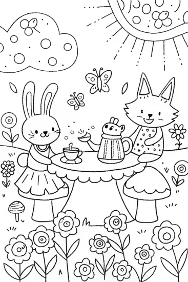 A coloring page of Whimsical Tea Party with Bunny and Fox in the Garden