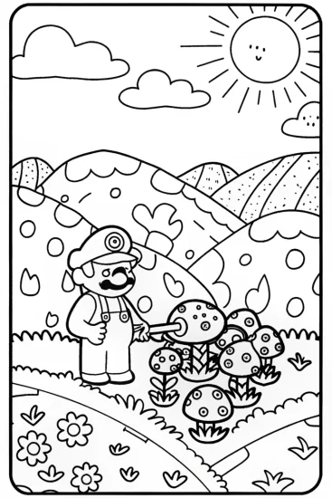 A coloring page of Mario’s Magical Mushroom Garden Adventure