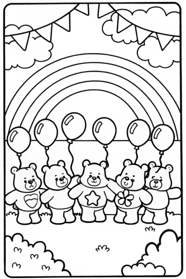 A coloring page of Care Bears’ Rainbow Friendship Festival Celebration