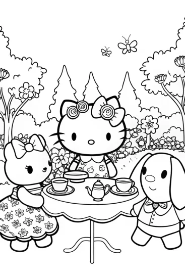 A coloring page of Hello Kitty’s magical tea party in the garden