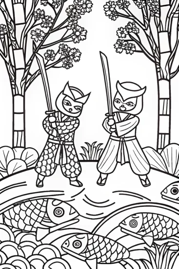 A coloring page of Zen Garden Duel: Battle of the Ninjas