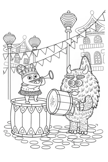 A coloring page of Monsters in a Musical Parade Coloring Page