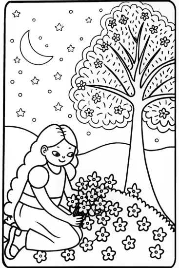 A coloring page of Jasmine’s Dreamy Star Garden Coloring Page