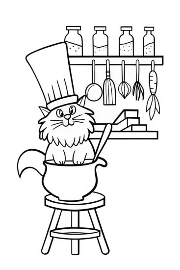 A coloring page of Chef Meow’s Culinary Adventure Coloring Page