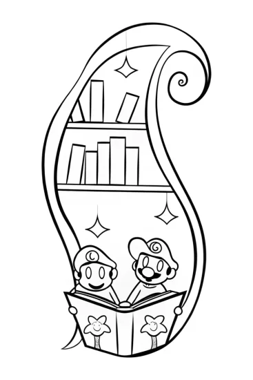 A coloring page of Mario and Luigi’s Enchanted Library Adventure Coloring Page