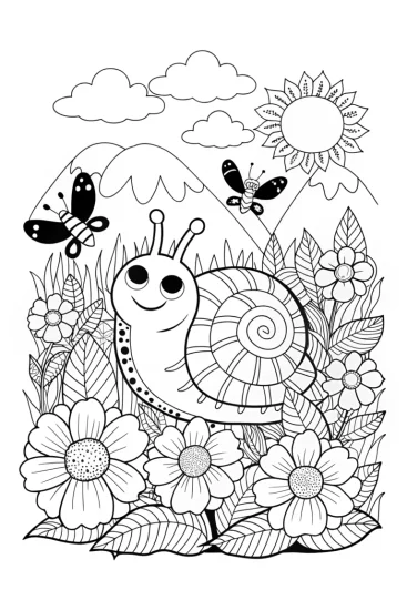 A coloring page of Squishmallow snail in a garden wonderland