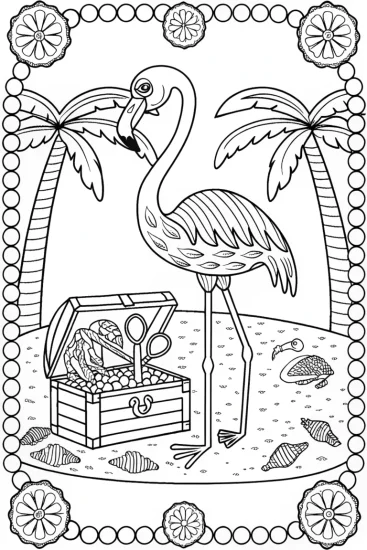 A coloring page of Flamingo Treasure Hunt Coloring Page