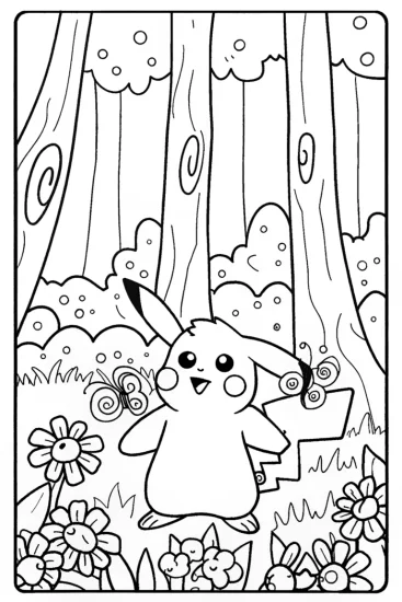 A coloring page of Pikachu and the Magical Forest Coloring Page