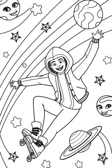 A coloring page of Miles Morales’ Galactic Skateboard Adventure Coloring Page