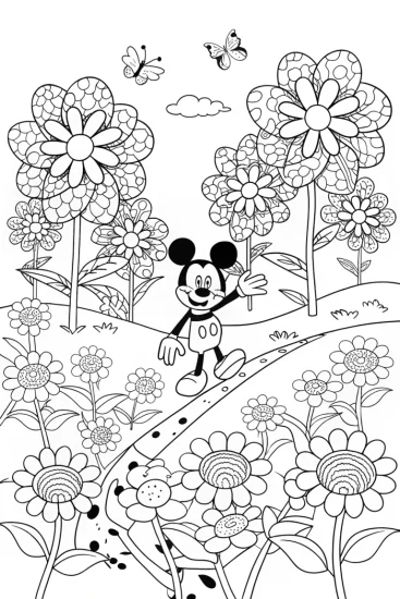 A coloring page of Mickey Mouse’s Magical Garden Adventure Coloring Page