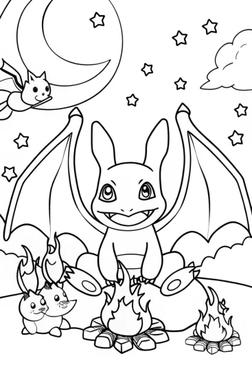 A coloring page of Charizard’s Cosmic Campfire Coloring Page