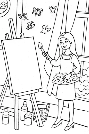 A coloring page of Barbie’s Whimsical Art Studio Coloring Page