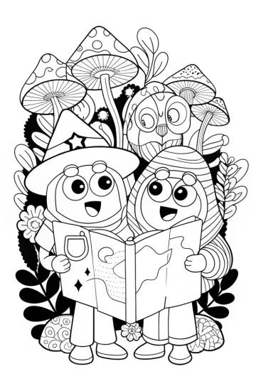 A coloring page of Bluey and Bingo’s Enchanted Forest Adventure Coloring Page