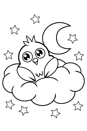 A coloring page of Chick’s Dreamy Starry Adventure Coloring Page