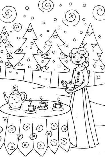A coloring page of Elsa’s Enchanted Winter Tea Party Coloring Page