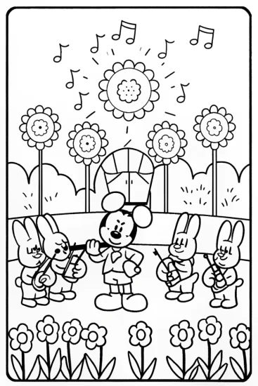 A coloring page of Mickey in the joyful music garden coloring page