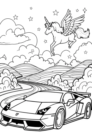 A coloring page of Lamborghini and Mythical Beasts Coloring Page
