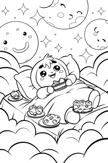 A coloring page of Pompompurin’s Dreamy Starry Night Coloring Page