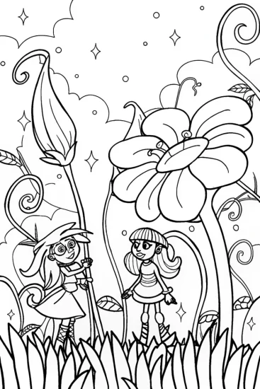 A coloring page of Bratz Dolls Yasmin and Sasha in a Fashion Garden