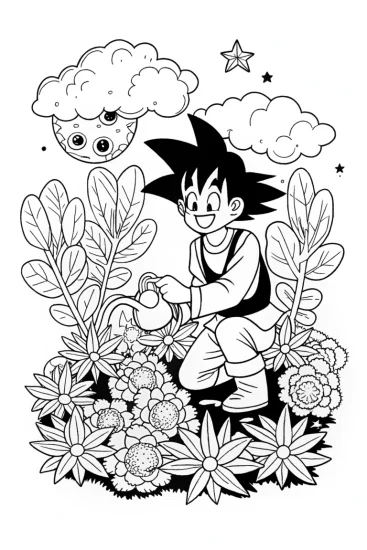 A coloring page of Goku’s Galactic Gardening Coloring Page