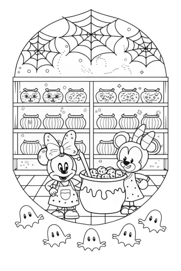 A coloring page of Mickey and Minnie’s Haunted Bakery Adventure Coloring Page