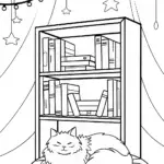 Bella the Cat in a Cozy Book Nook Coloring Page