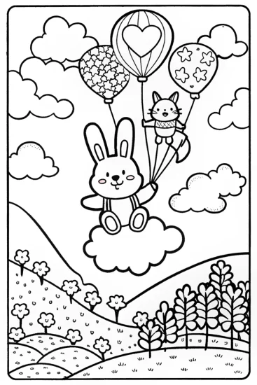A coloring page of Joyful Bunny and Fox Balloon Coloring Page
