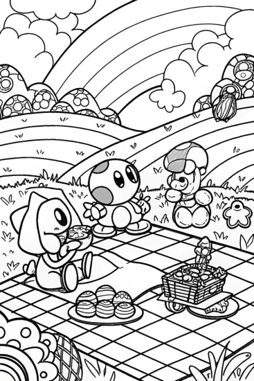 A coloring page of Mushroom Kingdom Picnic Race Coloring Page