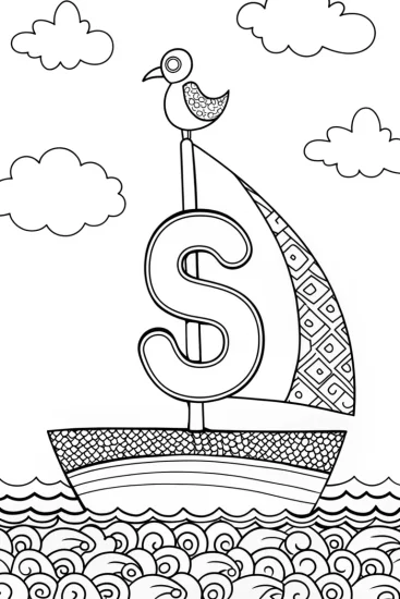 A coloring page of Sailboat ‘S’ Coloring Page with Friendly Bird