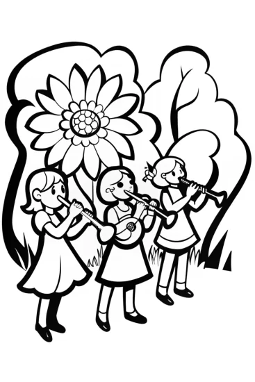 A coloring page of Rainbow High Students in a Musical Garden Coloring Page