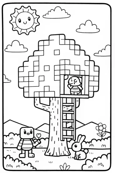 A coloring page of Creeper and Alex Building a Treehouse Coloring Page