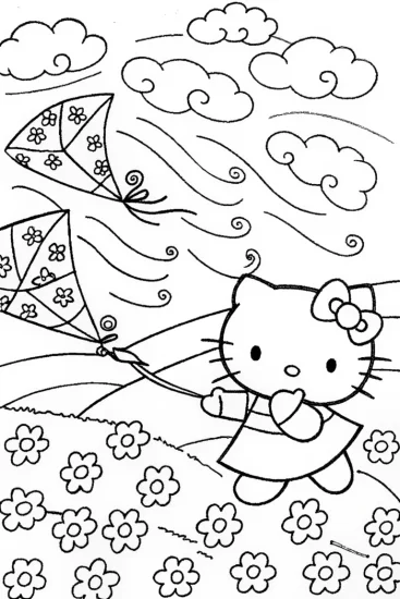A coloring page of Hello Kitty’s Magical Windy Day Coloring Page