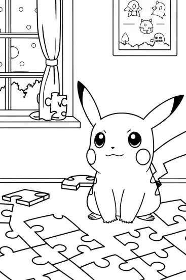 A coloring page of Pikachu’s Puzzle Adventure Coloring Page